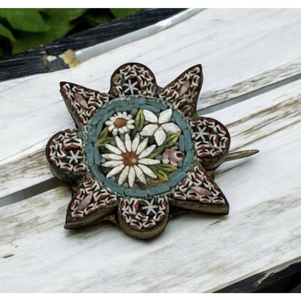 Antique Italian Micromosaic Floral Pin 1 Inch from 1890s Grand Tour